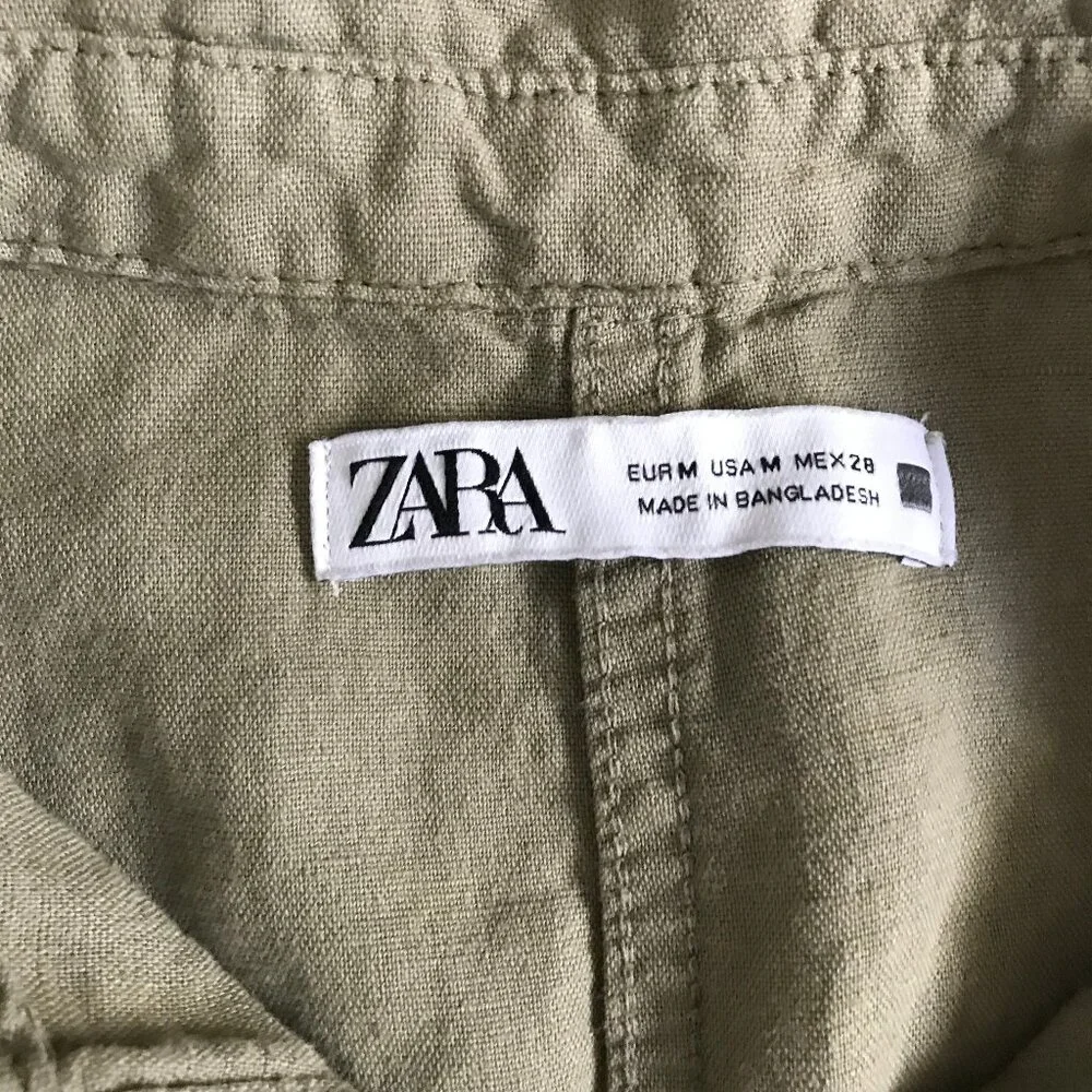 ZARA WOMENS JUMPSUIT GREEN LINEN SHORT SLEEVE WIDE LEG CASUAL SMALL